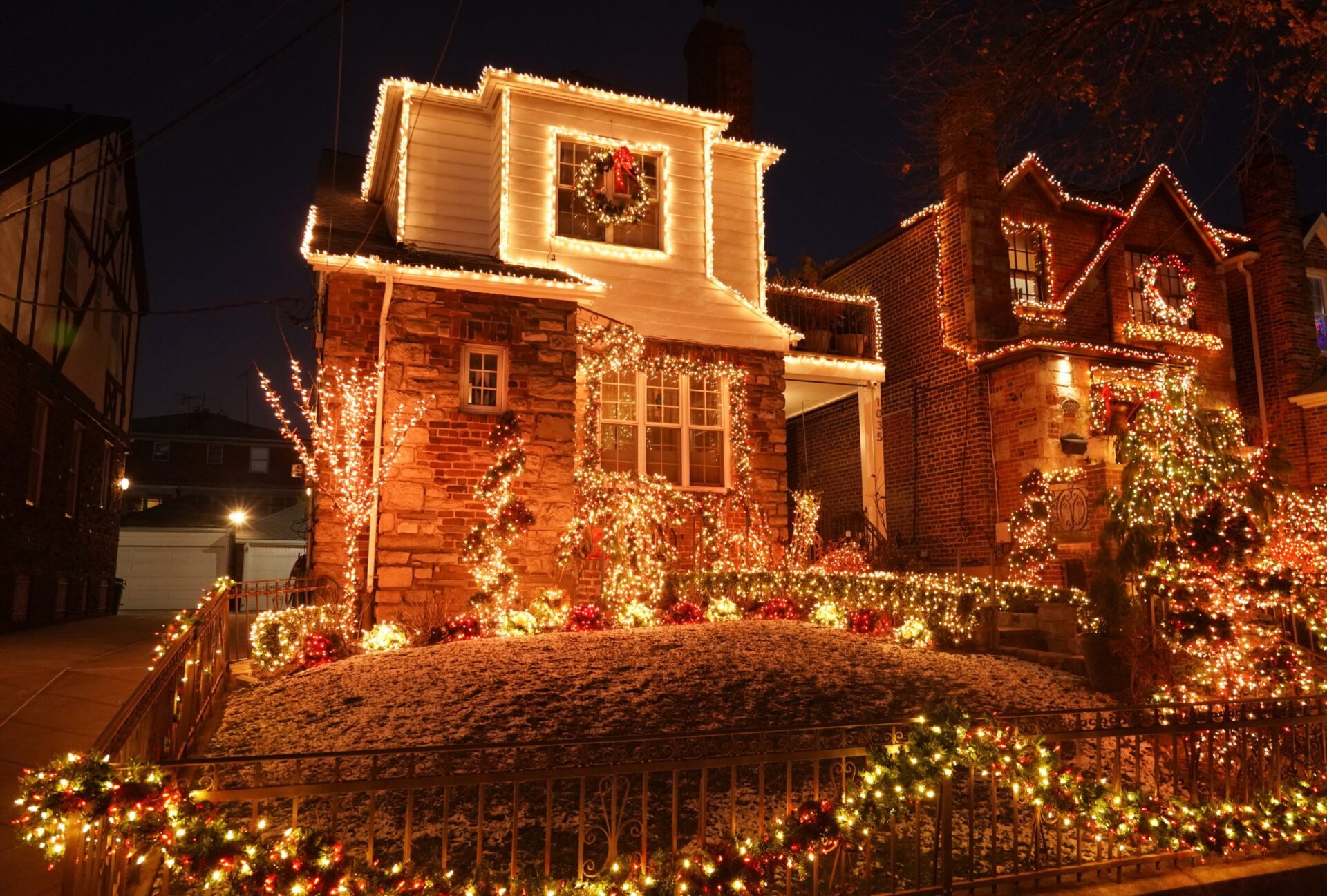 Christmas house decoration lights display in the suburban Brooklyn neighborhood of Dyker Heights