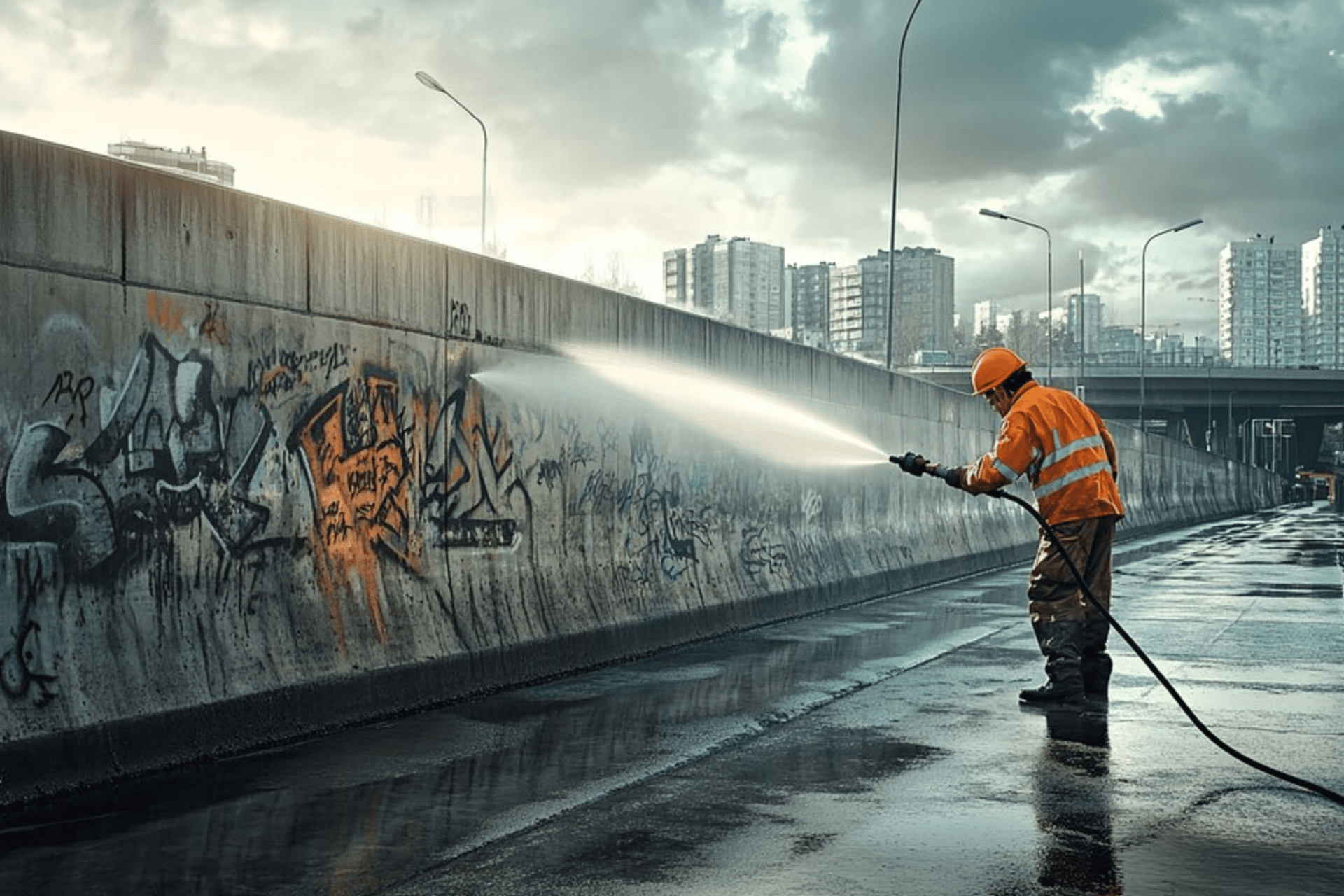 QuotRoad Worker Using HighPressure Hose to Clean Roadquot