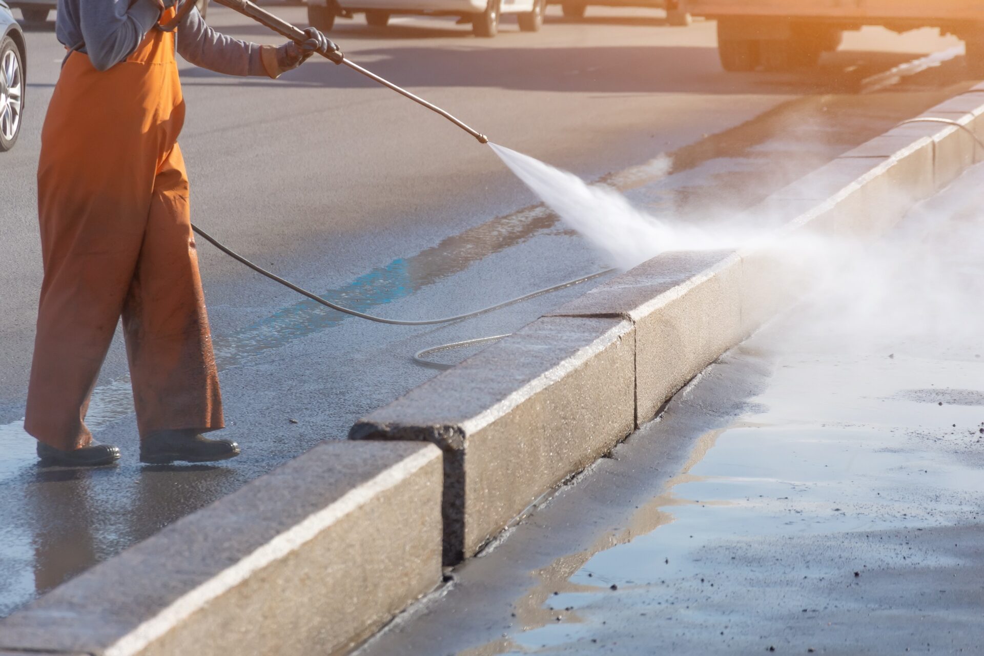 Worker cleaning driveway with gasoline high pressure washer splashing the dirt, asphalt road border