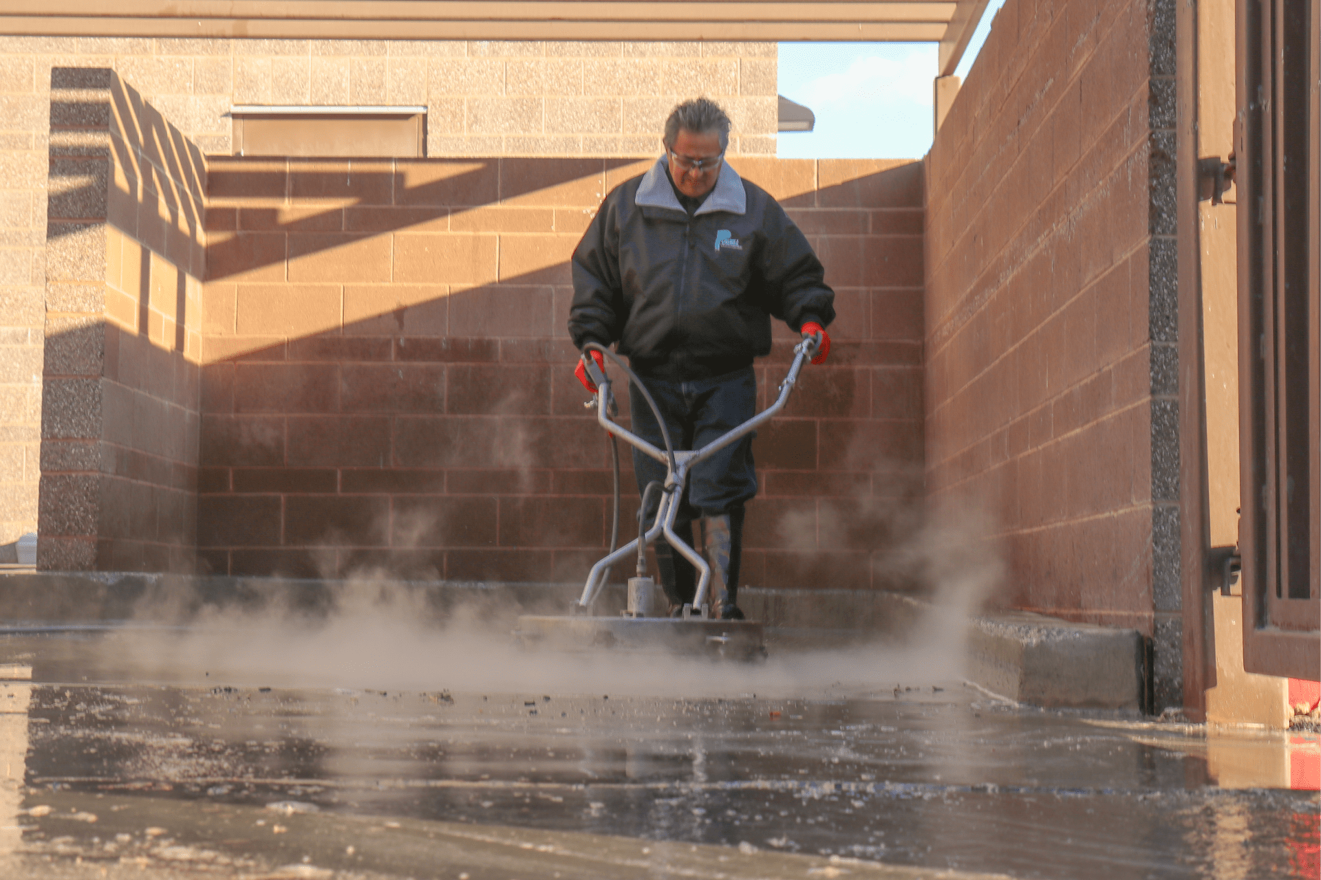 a man standing on a sidewalk, using a large, industrial-sized blower to clear the area